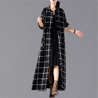 Black Plaid Maxi Coat Stand Collar Winter Boutique Pockets Coats