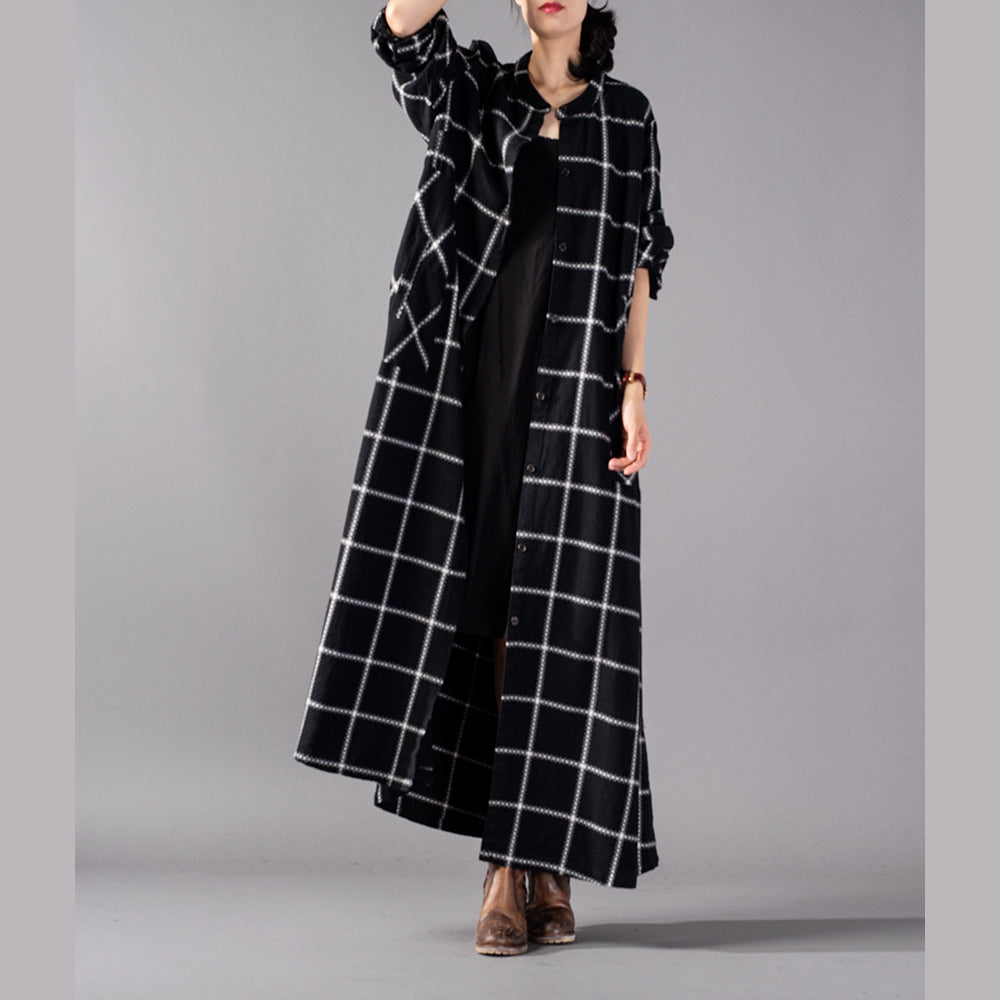 Black Plaid Maxi Coat Stand Collar Winter Boutique Pockets Coats