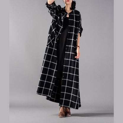 Black Plaid Maxi Coat Stand Collar Winter Boutique Pockets Coats