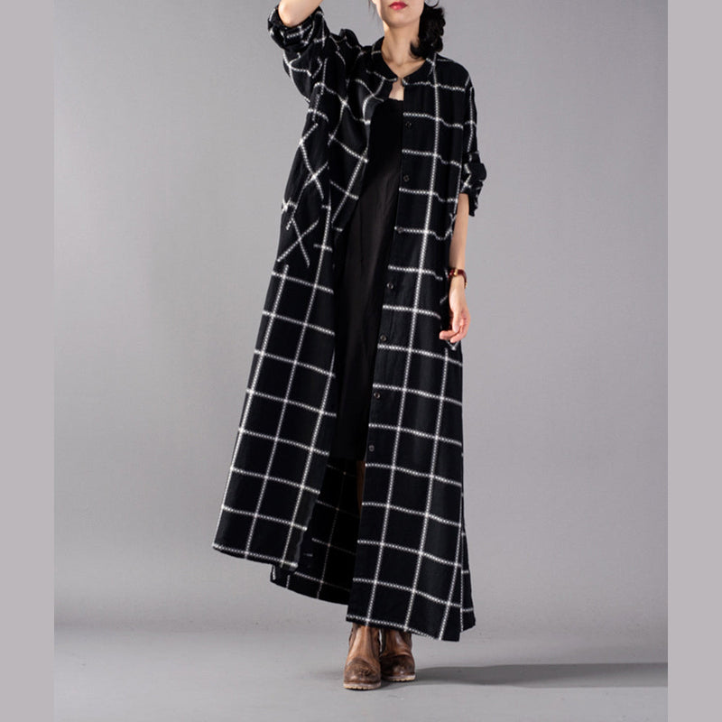 Black Plaid Maxi Coat Stand Collar Winter Boutique Pockets Coats