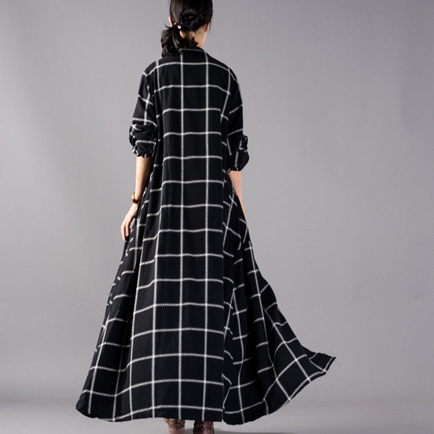 Black Plaid Maxi Coat Stand Collar Winter Boutique Pockets Coats