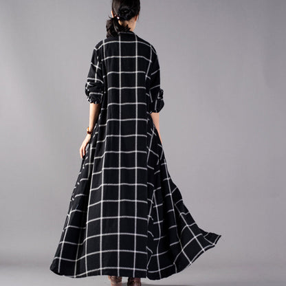Black Plaid Maxi Coat Stand Collar Winter Boutique Pockets Coats