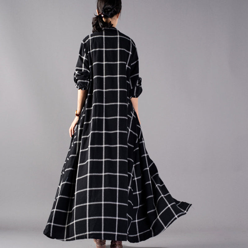 Black Plaid Maxi Coat Stand Collar Winter Boutique Pockets Coats