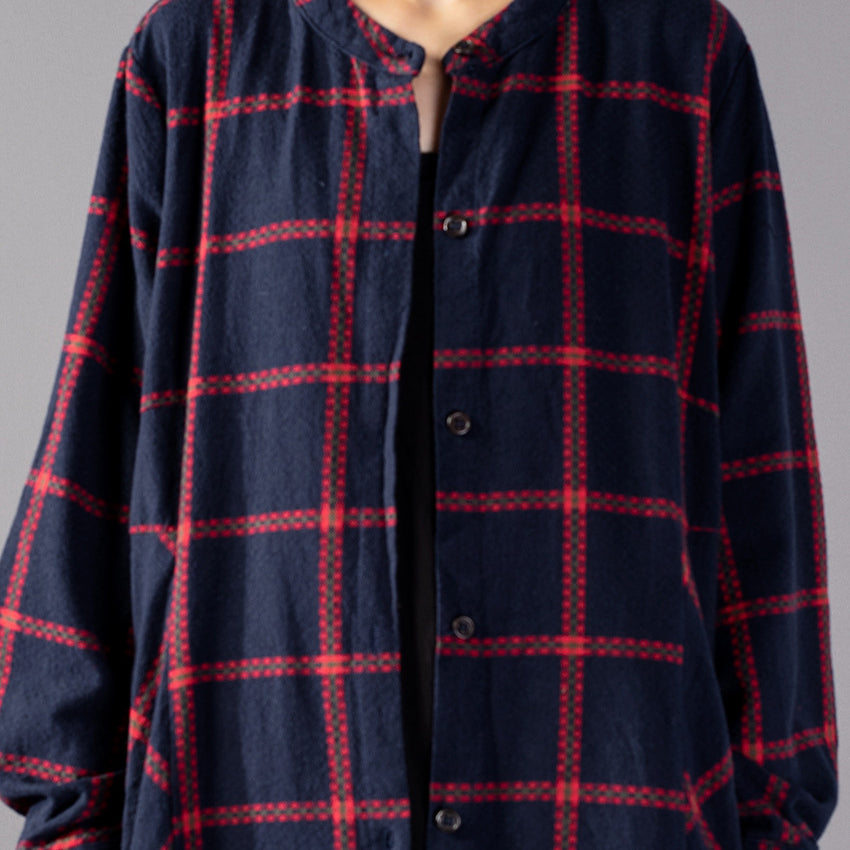 Black Plaid Maxi Coat Stand Collar Winter Boutique Pockets Coats
