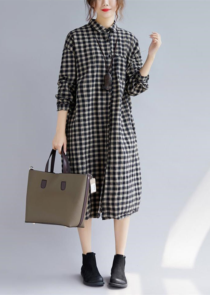 Black Plaid Natural Cotton Shirt Dress Turn-down Collar Pockets Traveling Clothing Long Sleeve Baggy Shirt Dresses