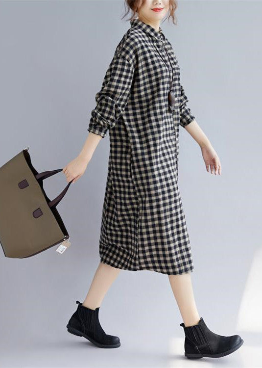 Black Plaid Natural Cotton Shirt Dress Turn-down Collar Pockets Traveling Clothing Long Sleeve Baggy Shirt Dresses