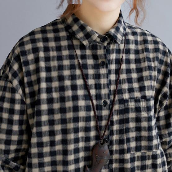 Black Plaid Natural Cotton Shirt Dress Turn-down Collar Pockets Traveling Clothing Long Sleeve Baggy Shirt Dresses