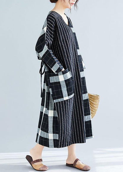 Black Plaid Striped V Neck Patchwork Large Pockets Cotton Spring Dress