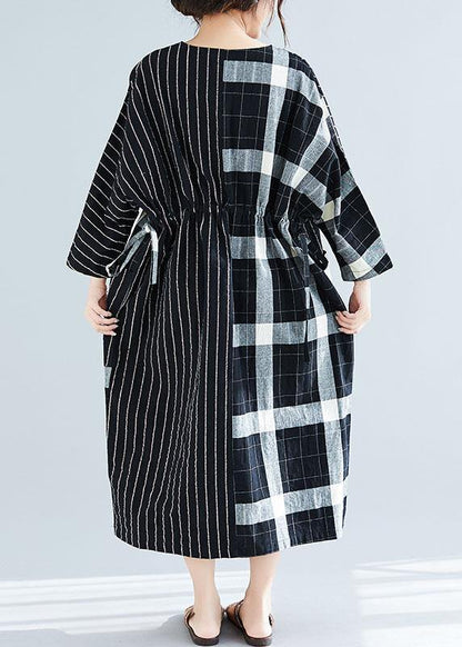 Black Plaid Striped V Neck Patchwork Large Pockets Cotton Spring Dress