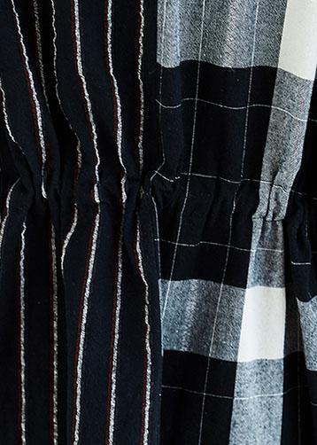 Black Plaid Striped V Neck Patchwork Large Pockets Cotton Spring Dress