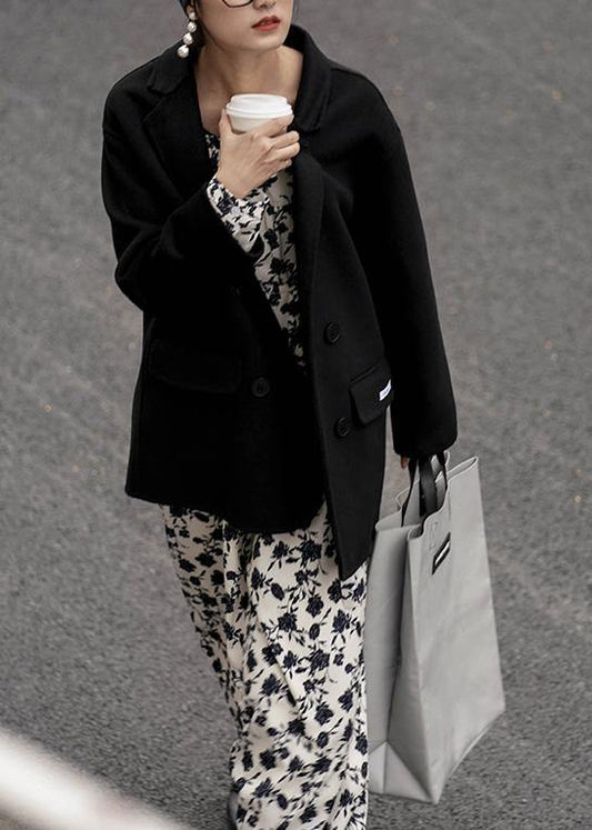 Black Woolen Coat Coats Notched Back Side Open Coat