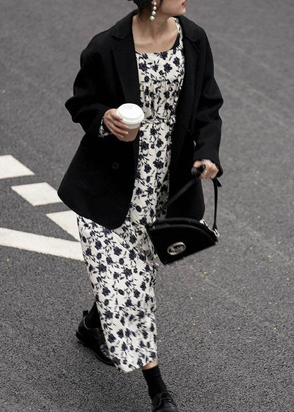 Black Woolen Coat Coats Notched Back Side Open Coat