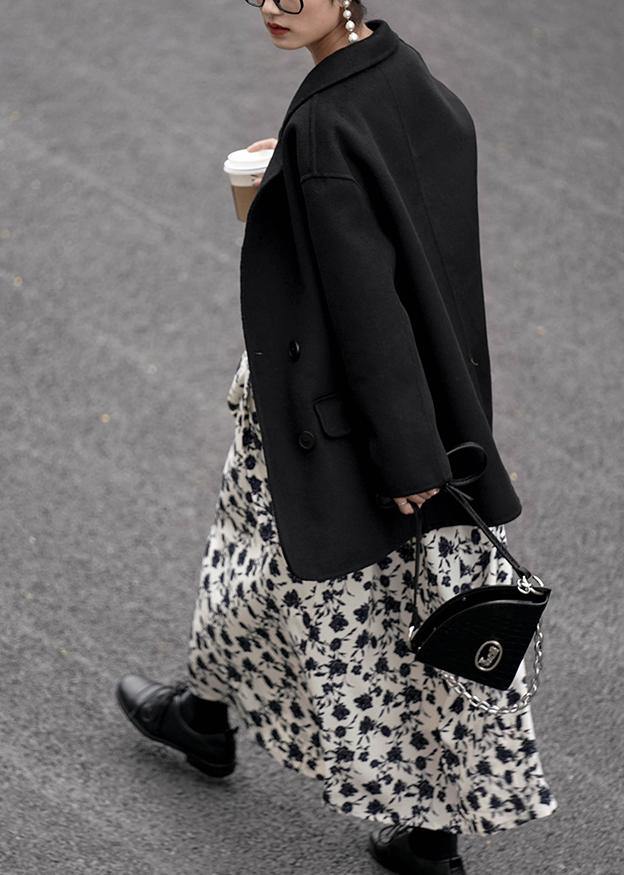 Black Woolen Coat Coats Notched Back Side Open Coat
