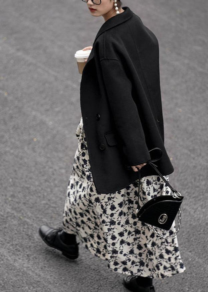 Black Woolen Coat Coats Notched Back Side Open Coat