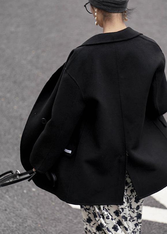 Black Woolen Coat Coats Notched Back Side Open Coat