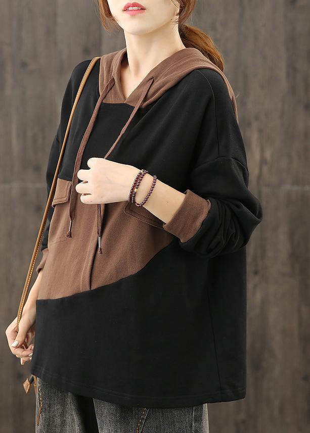 Black Clothes for Hooded Patchwork Midi Tops