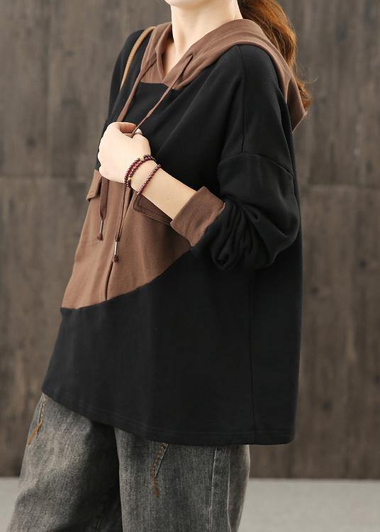 Black Clothes for Hooded Patchwork Midi Tops