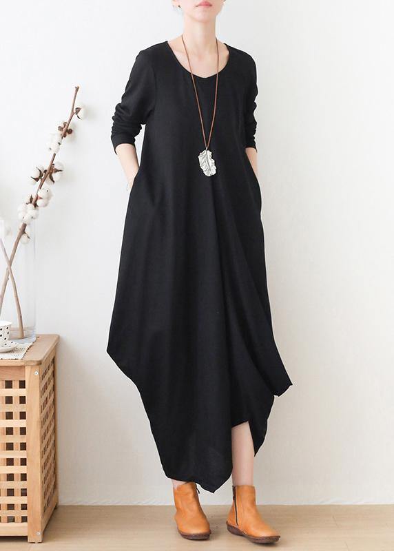 Black Clothes for O Neck Asymmetric Maxi Fall Dresses