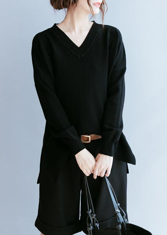 Black Clothes for V Neck Side Open Fall Blouse