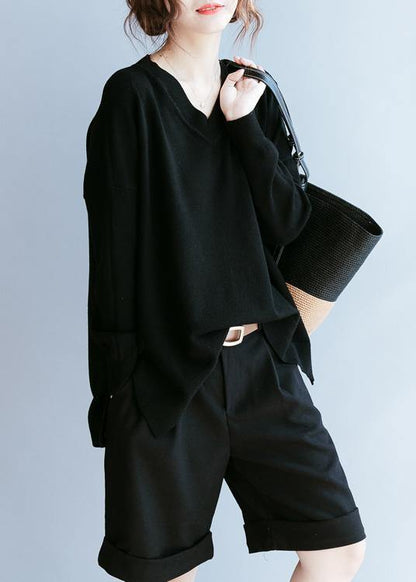 Black Clothes for V Neck Side Open Fall Blouse