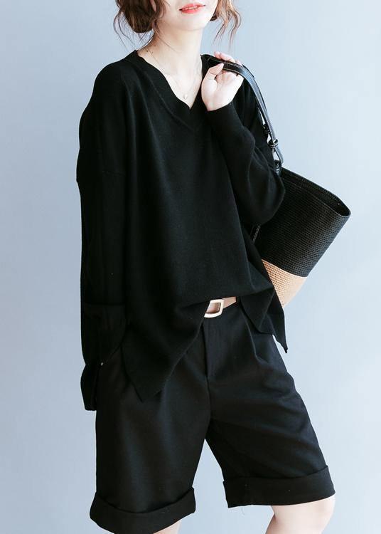 Black Clothes for V Neck Side Open Fall Blouse