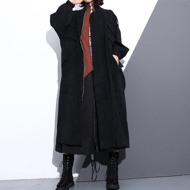 Black Cotton Blended Coat Loose Fitting Stand Zippered Winter Coat Boutique Long Sleeve Pockets Baggy Maxi Coat
