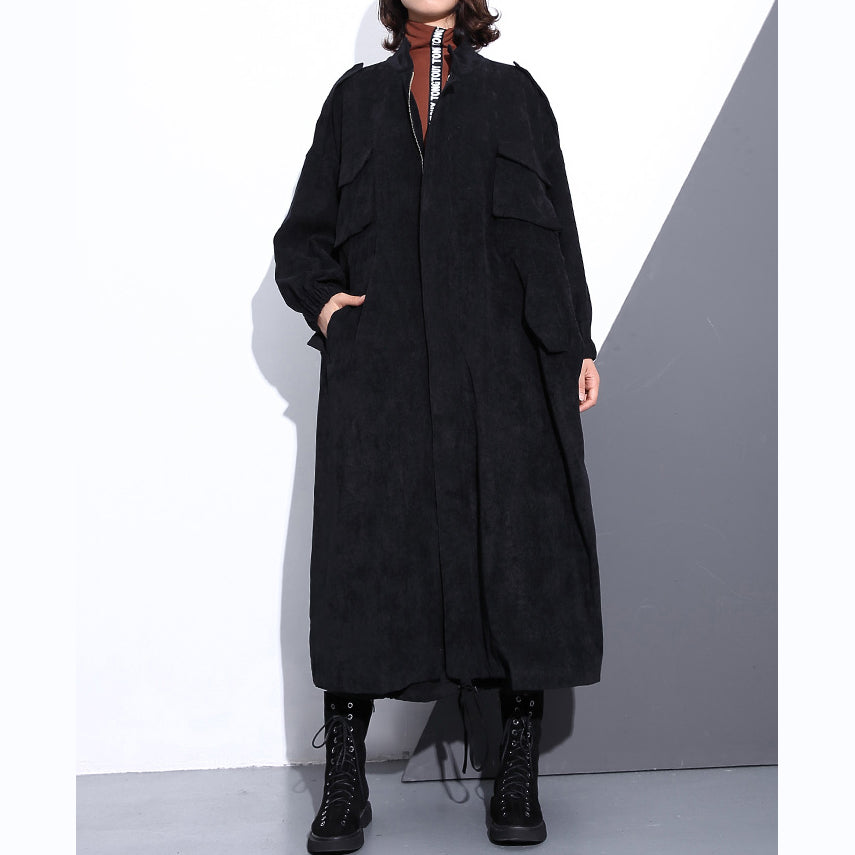 Black Cotton Blended Coat Loose Fitting Stand Zippered Winter Coat Boutique Long Sleeve Pockets Baggy Maxi Coat