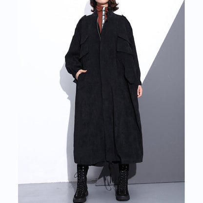 Black Cotton Blended Coat Loose Fitting Stand Zippered Winter Coat Boutique Long Sleeve Pockets Baggy Maxi Coat