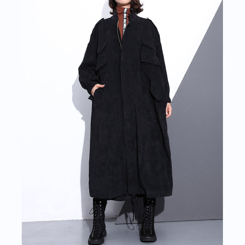 Black Cotton Blended Coat Loose Fitting Stand Zippered Winter Coat Boutique Long Sleeve Pockets Baggy Maxi Coat