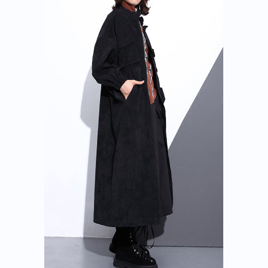 Black Cotton Blended Coat Loose Fitting Stand Zippered Winter Coat Boutique Long Sleeve Pockets Baggy Maxi Coat