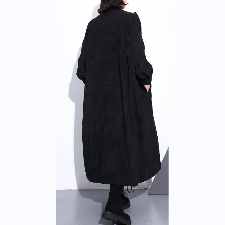 Black Cotton Blended Coat Loose Fitting Stand Zippered Winter Coat Boutique Long Sleeve Pockets Baggy Maxi Coat