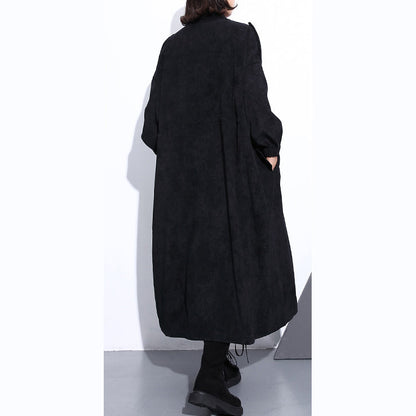 Black Cotton Blended Coat Loose Fitting Stand Zippered Winter Coat Boutique Long Sleeve Pockets Baggy Maxi Coat