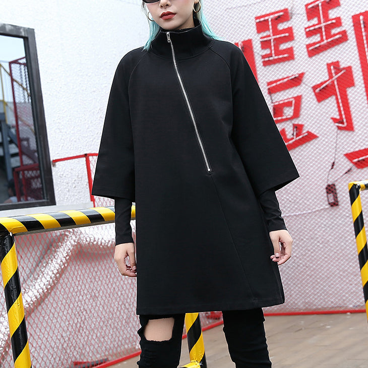 Black Cotton Blended Midi-length T Shirt Oversized High Neck T Shirt Zippered Clothing T Shirt