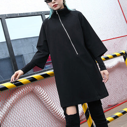 Black Cotton Blended Midi-length T Shirt Oversized High Neck T Shirt Zippered Clothing T Shirt
