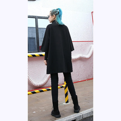 Black Cotton Blended Midi-length T Shirt Oversized High Neck T Shirt Zippered Clothing T Shirt