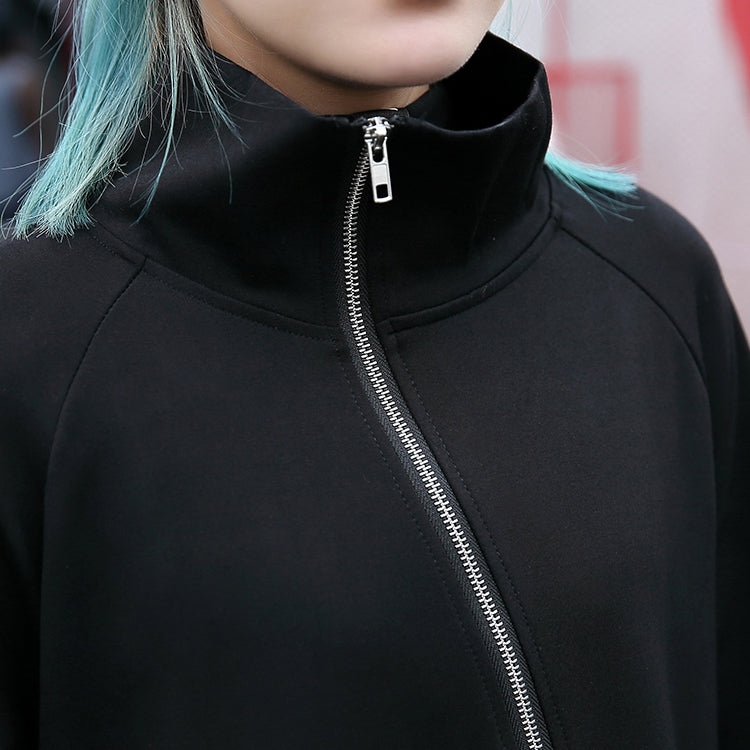 Black Cotton Blended Midi-length T Shirt Oversized High Neck T Shirt Zippered Clothing T Shirt