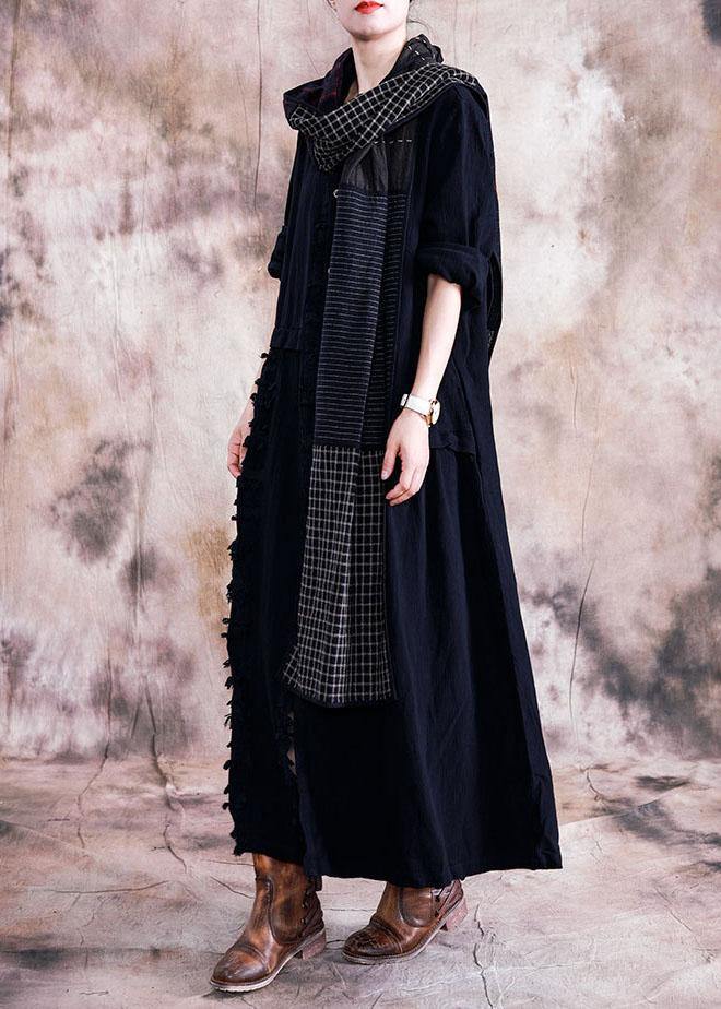 Black Cotton Overcoat Oversize Trench Coats Fall Linen Outwear Patchwork