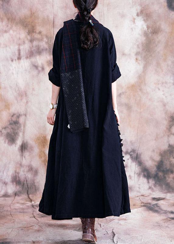 Black Cotton Overcoat Oversize Trench Coats Fall Linen Outwear Patchwork