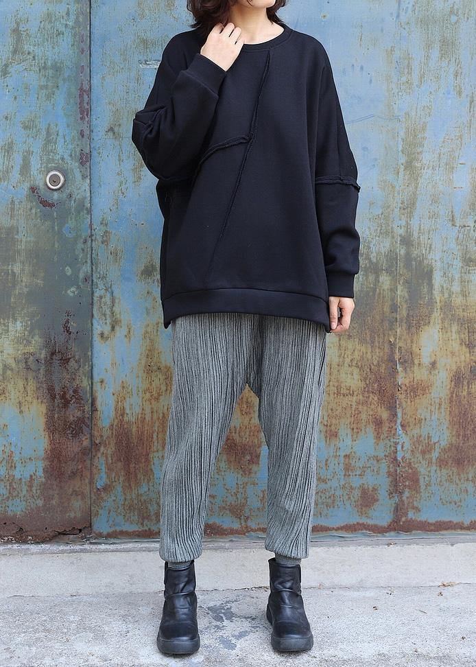 Black Cotton Tops O Neck Short Patchwork Sweatshirt