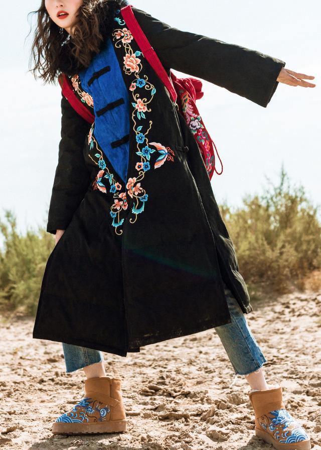 Black Down Jacket Woman Loose Fitting Embroidery Down Jacket Side Open New Coats