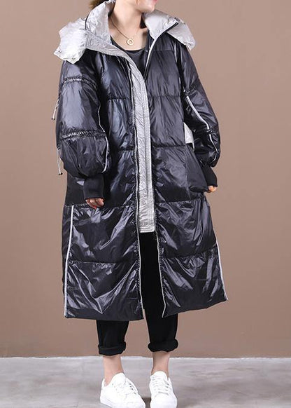 Black Down Jacket Woman Hooded Patchwork Winter Outwear