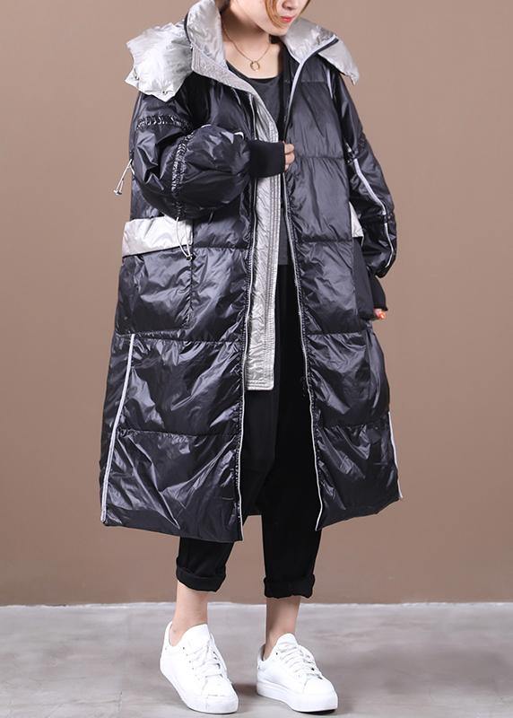 Black Down Jacket Woman Hooded Patchwork Winter Outwear