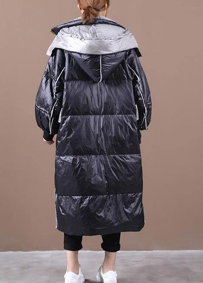 Black Down Jacket Woman Hooded Patchwork Winter Outwear