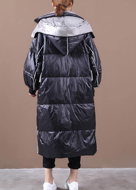 Black Down Jacket Woman Hooded Patchwork Winter Outwear