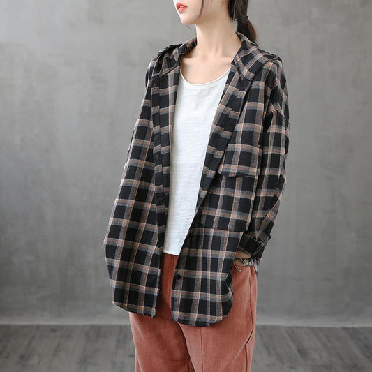 Black Orange Plaid Tunics for Lapel Button Down Clothing Tops