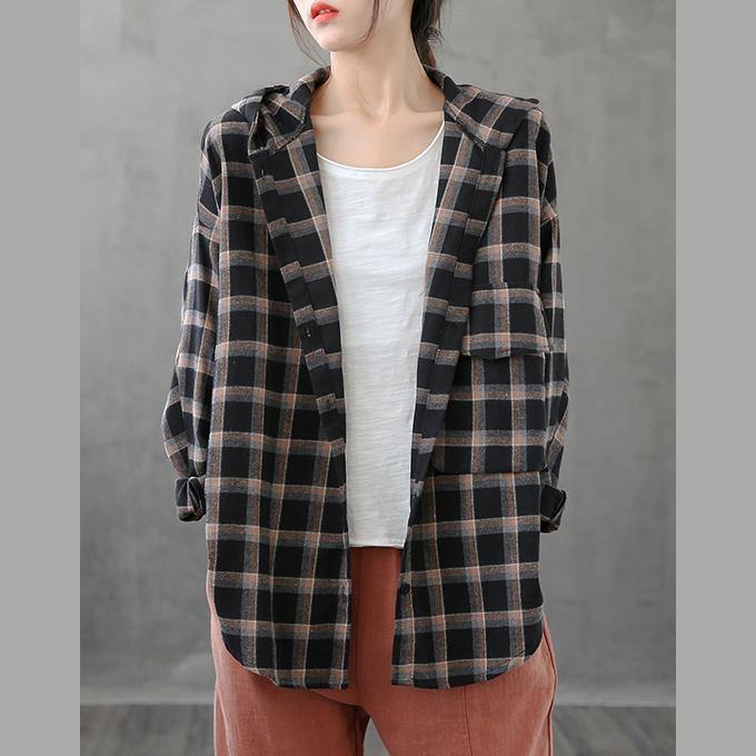 Black Orange Plaid Tunics for Lapel Button Down Clothing Tops
