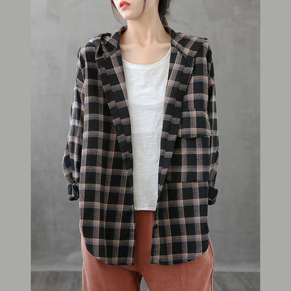 Black Orange Plaid Tunics for Lapel Button Down Clothing Tops