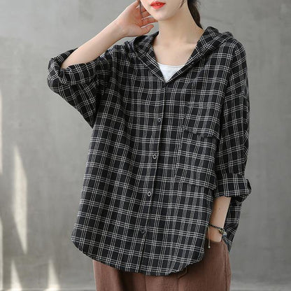 Black Orange Plaid Tunics for Lapel Button Down Clothing Tops