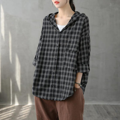 Black Orange Plaid Tunics for Lapel Button Down Clothing Tops