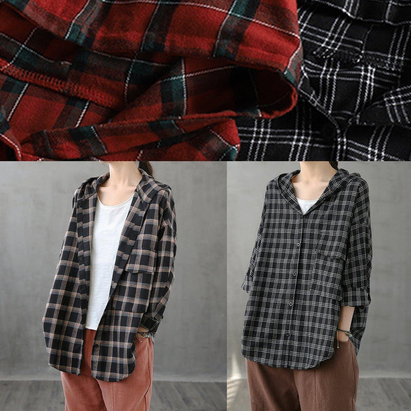 Black Orange Plaid Tunics for Lapel Button Down Clothing Tops